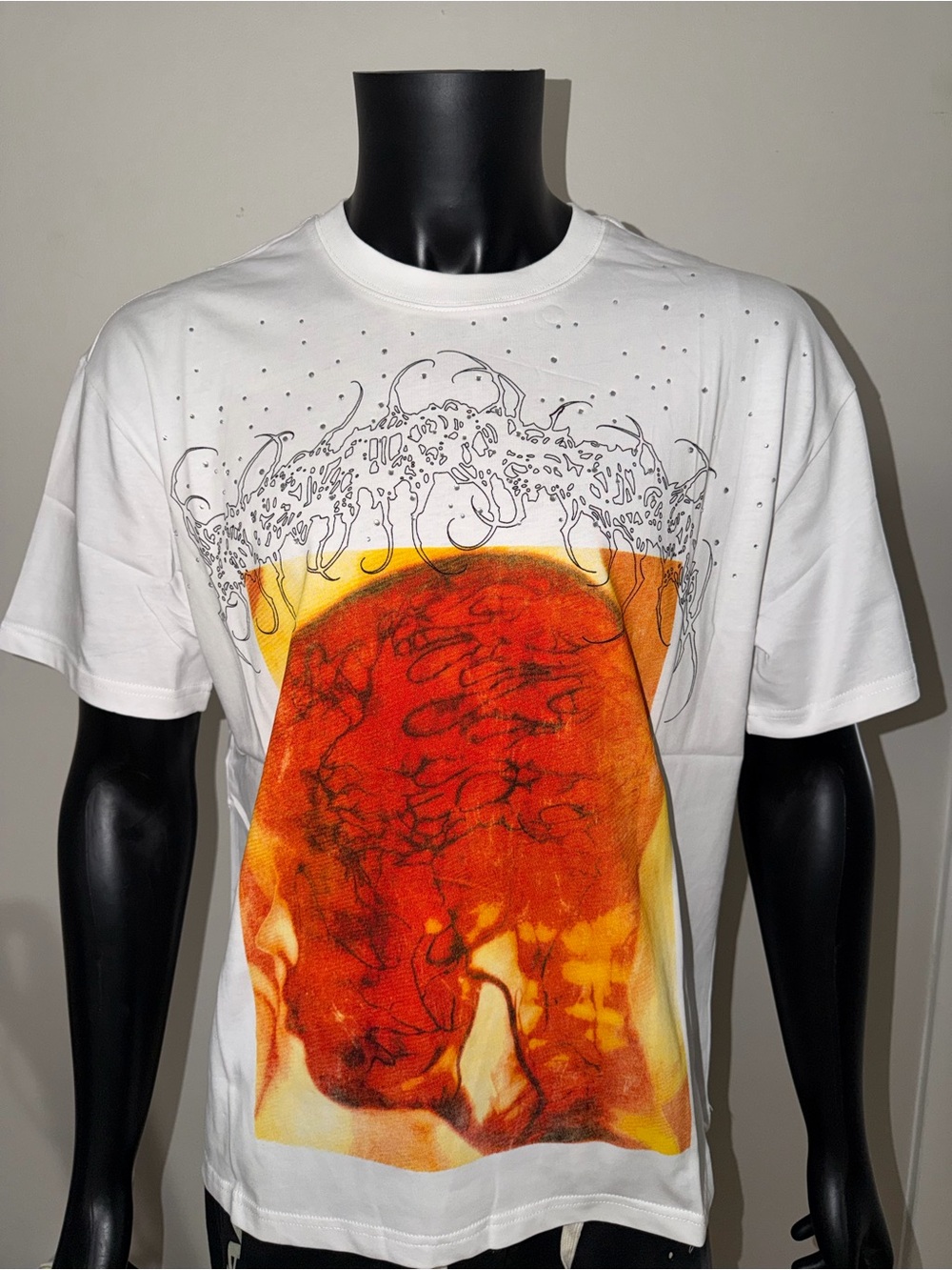 Men's White Short-Sleeve Graphic Tee with Red-Orange Front Print